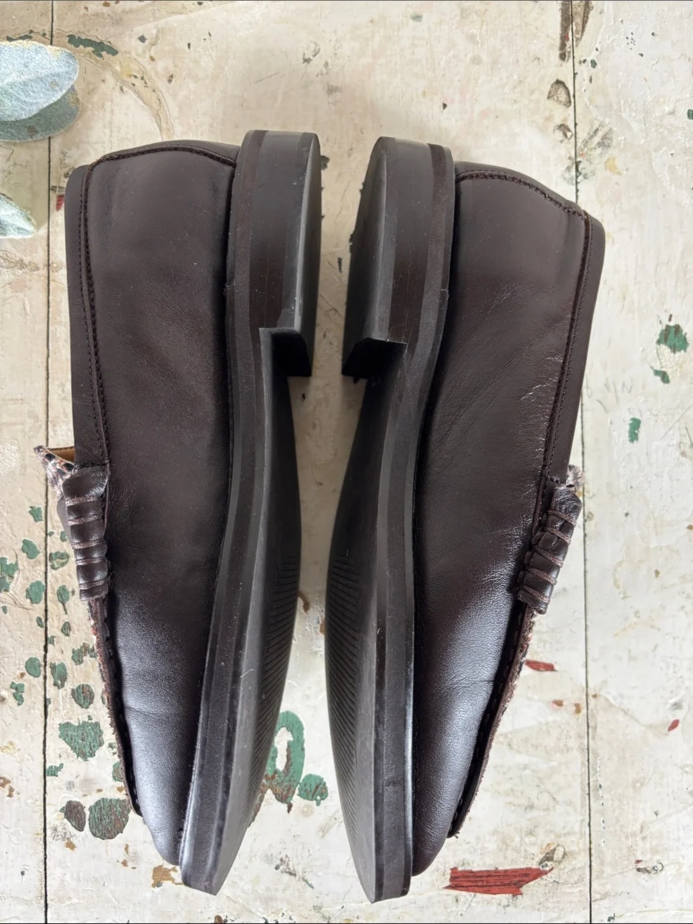 Steve Madden > Brown Leather Penny Loafers with Houndstooth Panel 7.5